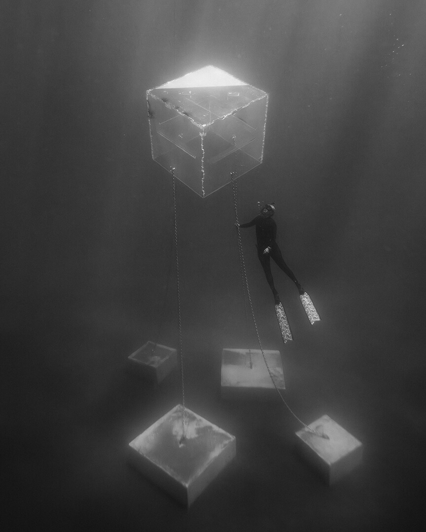 ÉRIDAN AquaFarm - a diver at the underwater farm structure